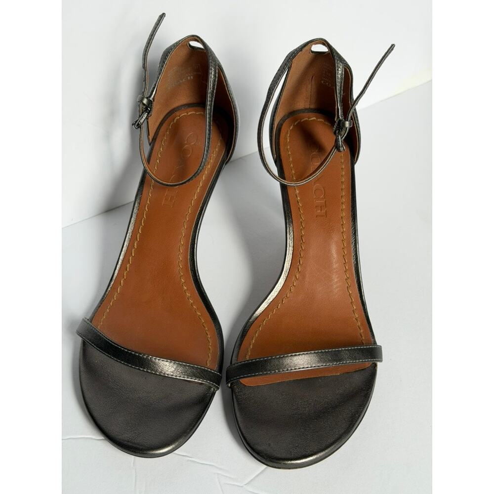 Coach Gunmetal Metallic Leather Kitten Heel Sandals Size 6.5